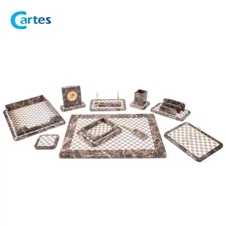 ست رومیزی مدیریتی 10 پارچه چوب و چرم کد 910 طرح سنگ تیره